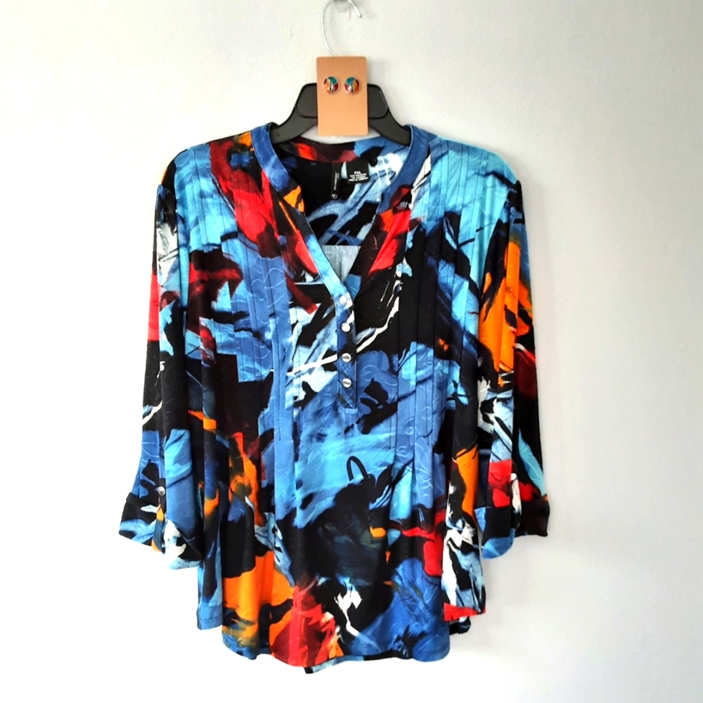New Directions Women’s Petite XL Multicolor Print Blouse w FREE EARRINGS.